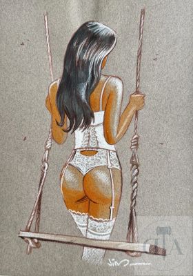 Jim / Une Nuit À Rome. Dessin Orignal Illustrant Marie En Petite Tenue… Encre de Chine , Pastel Et Aquarelle Sur Papier de Couleur. Signé. Tbe+. Format A4 | Jim / Une nuit à Rome. Dessin orignal illustrant Marie en petite… | Dagoty