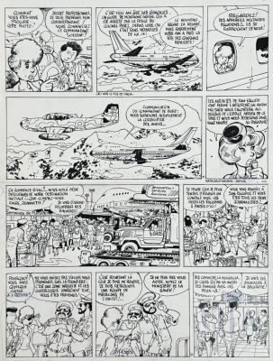 Wasterlain / Jeannette Pointu. Planche originale n°11 de l‘album T6 "Le secret Atlante" ou les héros croisent la belle Natacha dans l‘avion vers San Escudo. Belle mise en scène et belle qualité de dessin. Rare. Encre de Chine vers 1991. TBE. 38 X 50 cm - Lot 578 : Wasterlain / Jeannette Pointu. Planche originale n°11 de l‘album T6…