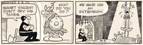 DIK BROWNE (1917-1989) "Short Vincent didn’t pay his taxes." Original "Hägar the Horrible" daily comic strip. | Swann Galleries