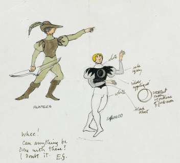 THEATER BALLET COSTUME EDWARD GOREY. "Swan Lake. Hunters/Siegfried" * "Van Rothbart [Owl]." | Swann Galleries