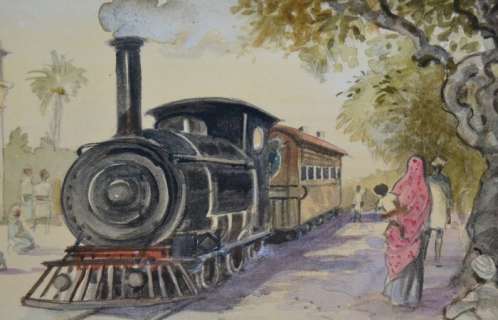 India Dreams - Aquarelle originale - Train: Â« Deux minutes d’arrêt Â» | Catawiki