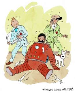 Yves Rodier - Lot 348 - Tintin, Objectif Lune, dessin original à l’encre de chine et à l’aquarelle en hommage à HERGÉ.