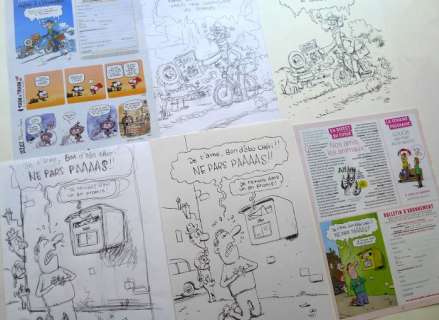 Cromheecke, Luc | Cromheecke, Luc - 2 Originele tekeningen in inkt + voorbereidende schetsen - Reclame Spirou | Catawiki