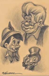 Joan Vizcarra | Pinocchio, Gepetto & Jiminy Cricket - Original Drawing - Joan Vizcarra - Pencil Art - 50 x 33 cm | Catawiki