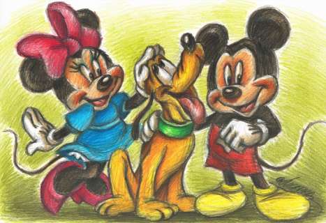 Joan Vizcarra | Mickey, Minnie & Pluto - Original Drawing - Joan Vizcarra | Catawiki