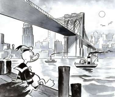 Tony Fernandez, Disney Artist | Mickey and Donald Duck at The Brooklyn Bridge - Original Painting - Tony Fernandez Signed - Watercolor Art | Catawiki