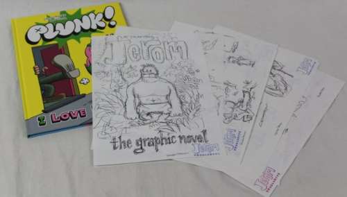 Cromheecke, Luc - 10X Origineel Schetsvel / 1X Album | Jerom - 10 originele pagina’s met potloodschetsen voor proefproject Jerom - "Troglodyte - The graphic novel" - o.a. cover + gesigneerde Plunk met tekening - (2014) | Catawiki