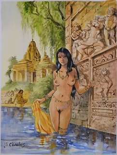 Charles, Jean-François - Charles, Jean-François - Peinture originale + portfolio - India Dreams - Baignade devant le temple