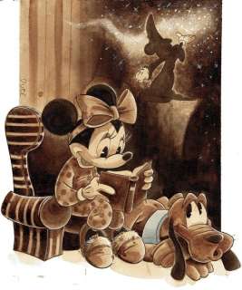 Guti, Coffee Artist | Minnie Reading WithPluto - Original Coffee Painting - Guti Signed - Original Art | Catawiki