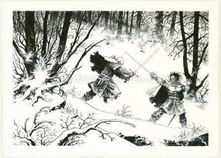 Joël Parnotte - Illustration originale, page de garde du tirage de tête (publié en couleur dans le tirage de luxe) - Le Maître d‘armes