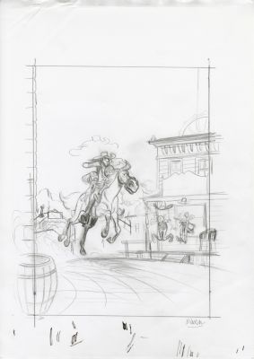 Blutch | LES INDOMPTÉS, HOMMAGE À LUCKY LUKE – Crayonné original de la couverture de l’édition spéciale | Galerie Barbier