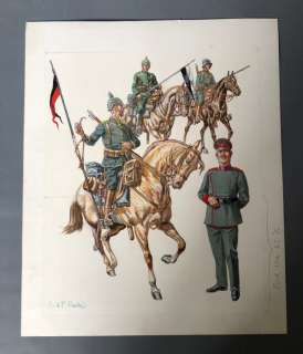 Funcken, Fred & Liliane | Funcken, Fred & Liliane - Dessin original couleur - L’Uniforme & armes des soldats de la guerre 14-18 - Cavalerie Allemande - (1969) | Catawiki