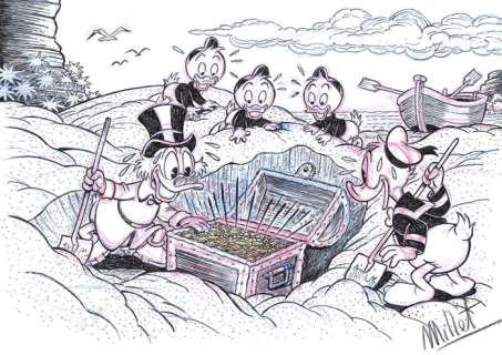 Millet | Donald, Huey, Dewey & Louie Duck Uncle Scrooge - "Treasure Hunt" Millet - Signed Original Drawing by Millet | Catawiki