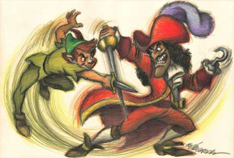 Joan Vizcarra | Captain Hook & Peter Pan : Sword Fight - Original Drawing - 48 x 32 cm - Joan Vizcarra - Pencil Art - Original Artwork | Catawiki