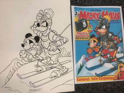 Ray Nicholson | Micky Maus 2005-06 - Original cover ink drawing - Micky Maus - Goofy and Mickey skiing - (2004) | Catawiki