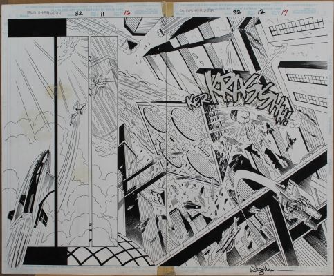 Rod Whigham | Tavola originale double splash per PUNISHER 2099 9 p.12-13. Cm.55 x 43,5. MARVEL 1995. Firmata in basso. Probably some baloon missing. | Art e Fumetto