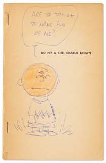 Charles Schulz Hand-Drawn Sketch of Charlie Brown, Within a First Edition of ’’Go Fly a Kite, Charlie Brown’’ -- Also with Charles Schulz Autograph Letter Signed ’’Sparky’’ | Nate Sanders