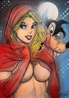 Alvin Silvrants | Busty Red Riding Hood and Big Bad Wolf - Original painting in colour by Alvin Silvrants | Catawiki