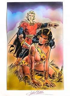 Karel Biddeloo - De Rode Ridder - Originele airbrush tekening - Mixed-Media Art - Rode Ridder & sexy Demoniah - (Jaren ‘90)