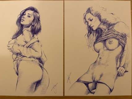 Saco (Signed) | Pin Up - Original drawing -Wünsche der Frauen - ‘Amy and Emma’. Size: 21 x 29 cm. | Catawiki