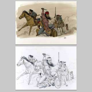 Jef | Illustration originale + tirage numérique réhaussé, Geronimo à cheval et Mangas Coloradas en guerre contre les blancs | Collector BD