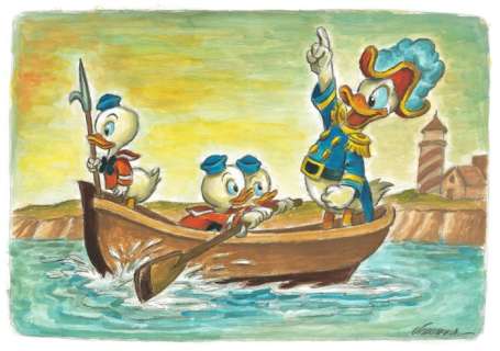 Joan Vizcarra | Donald Duck and His Nephews: Land in Sight! - Original Painting - Joan Vizcarra Signed - Original Artwork - Acrylic Art | Catawiki