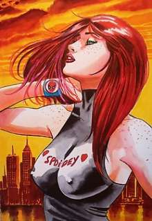 Giuseppe Candita | G. Candita - original artwork "Mary Jane Watson " Red Sky over Manhattan - Page volante - Exemplaire unique - (2023) | Catawiki