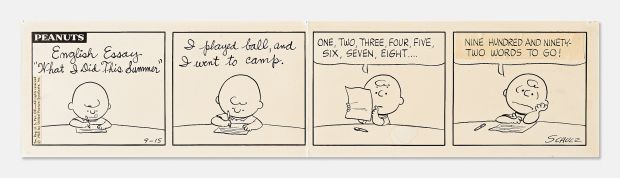 Original Charles Schulz Hand-Drawn ’’Peanuts’’ Comic Strip from 1965 -- Charlie Brown Writes an Essay in Cursive About His Summer | Nate Sanders