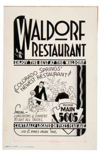 NOTED COMIC BOOK COLLECTOR EDGAR CHURCH "WALDORF RESTAURANT" ORIGINAL ADVERTISEMENT ART. | Hake’s