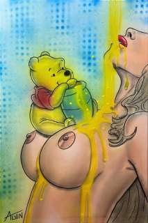 Alvin Silvrants | Winnie the Pooh with topless Honey Girl - Original drawing in colour by Alvin Silvrants | Catawiki