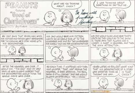 Charles Schulz Peanuts Sunday Comic Strip Charlie Brown and Peppermint Patty Original Art dated 5-4-75 (United Fea... | Heritage