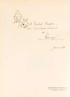 Les Aventures de Tintin Au Pays de L’or Noir | Signé, Dédicace Originale Janvier, 1983 (Casterman, 1950). Les Aventures de Tintin Au Pays de l’Or Noir ( Land of Black Gold ) Signed With Original Sketch by Hergé (Casterman, 1950). | Heritage