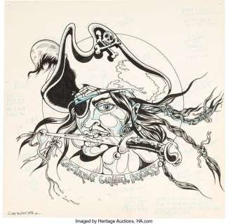 Wilson, S. Clay - S. Clay Wilson Cut-Throat Carlotta, Piratess T-Shirt Design Original Art (Roy Elliott Co., 1974)....