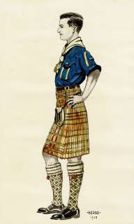Hergé | Dessin original à la gouache et à l’aquarelle datant de 1929 représentant un scout en kilt lors d’un Jamboree. Ce dessin est accompagné de son certificat d’authenticité délivré par les Studios Hergé. | Septimus