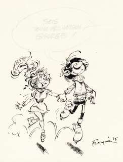 André Franquin | Gaston et Mademoiselle Jeanne, dessin original à l’encre de chine. | Septimus