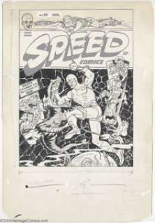 John Henri - Original Cover Art for Speed Comics #30 (Harvey, 1944). Captain Freedom battles scaly monsters - | Heritage