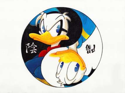 Jordi Juan Pujol - Donald Duck & Paperinik - Yin & Yang Balance - Original Watercolor Painting - Hand Signed | Catawiki