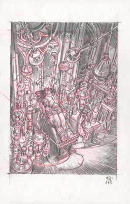 Stan Manoukian | Crayonné préparatoire de "La chose se mit à ahaner, les membres agités d’un mouvement compulsif" Illustration originale, Chapitre V - Frankenstein | Daniel Maghen