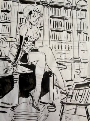 Meynet, Félix - Mirabelle Coquine dans une bibliothèque - 1 Commission Drawing | Catawiki