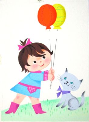 BOOK PAINTING BALLOON CAT GIRL 60s Disney Mary Blair like ORIGINAL drawing art | eBay US (Buy It Now)