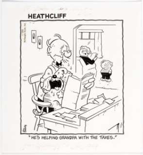 George Gately Heathcliff Daily Comic Strip Original Art dated 4-15-82 (McNaught Syndicate, 1982). Taxes have the - | Heritage