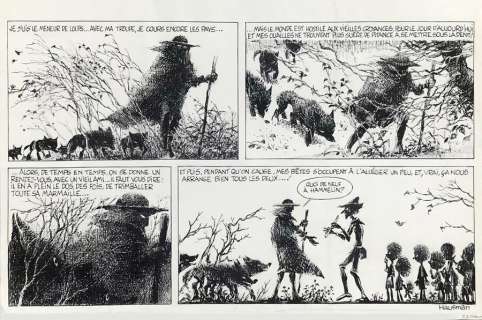 LE MENEUR DE LOUP ET HAMMELIN. Encre de Chine pour une planche d’idée noire en 1/2... | Coutau Bégarie