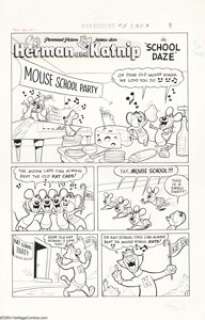 Marty Taras - Paramount Animated Comics, Complete 5-page Herman and Katnip story, "School Days" Original -