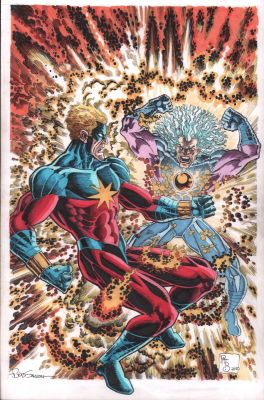 Pat Broderick | Captain Mar-Vell Vs Nitro Full Page Color Commission - Signed 2020 | Anthony’s Comic Book Art