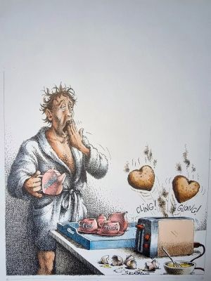 Claude Serre | « LE PETIT DEJEUNER AMOUREUX » Planche Originale signée Claude Serre publiée en 1994 (taille totale 205 x 32 cm) dans « petit livre de cuisine l’usage de mon mec » éditions Glénat | Serre