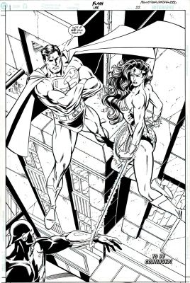 Doug Hazlewood, Paul Pelletier - Flash #158 P 22 Splash (Cover Quality Scene with Superman & Wonder Woman Taking the Flash Prisoner!) 1999