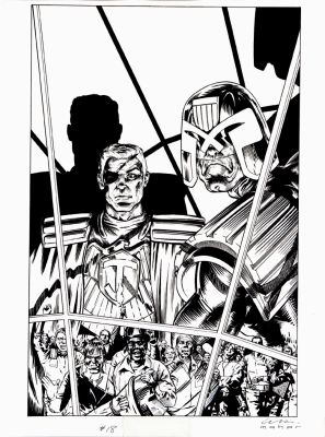 William Maher | The Law of Dredd #18 Cover (Dredd & Friend Watching Mob Run Rampant in Mega-City!) 1990 | Romitaman