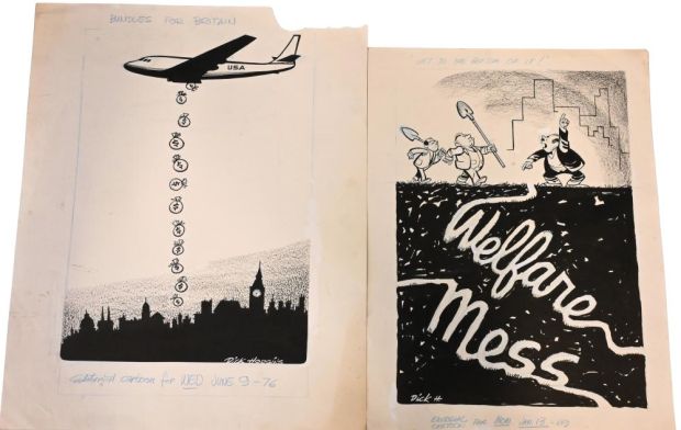 Lot 76 - 13 Dick Hodgins (American 20th Century), Original Editorial Cartoons Thirteen original pen and ink editorial cartoons… | misc / divers