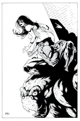 Josh Medors | Spider-Man & Spider-Woman on Building Gargoyle Statue Detailed Pinup (2006) | Romitaman
