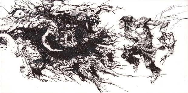 Alex Nino | Swordsman Fighting Chaotic Beast Stylized Ink Art - Signed - 2025 | Anthony’s Comic Book Art